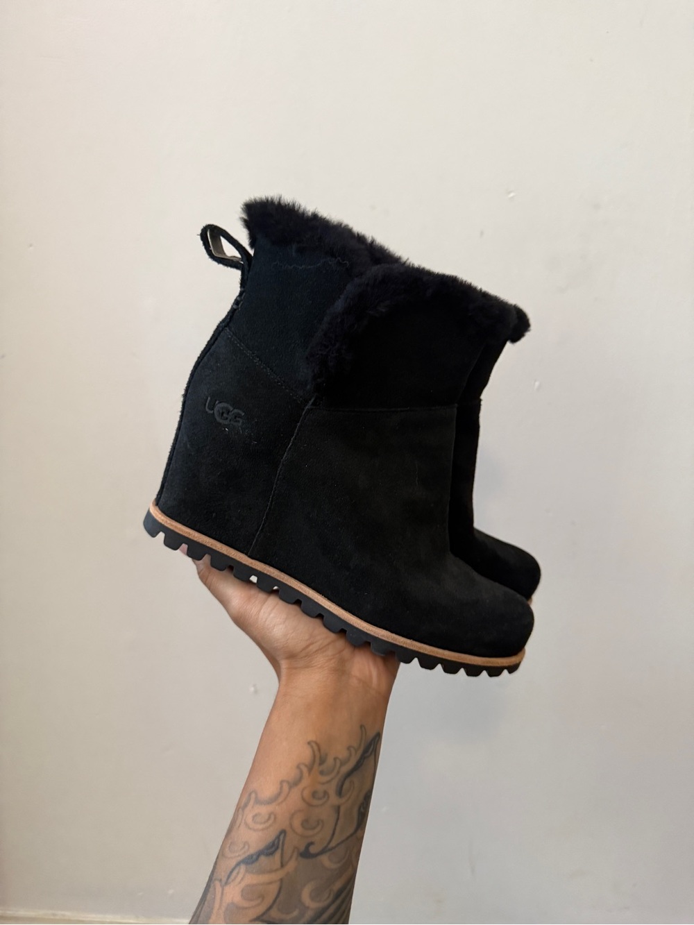 UGG Seyline Black Suede Wedge Ankle Boots with Shearling Trim
